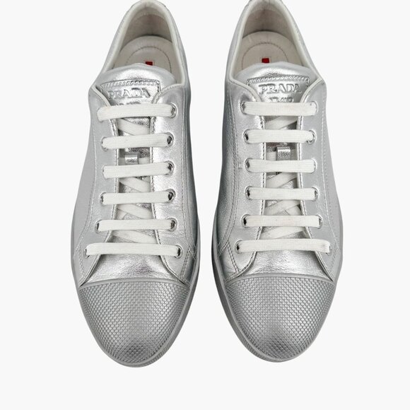 Prada Cap Toe Low Top Sneakers Size 41 US 11 Metallic Silver Leather Logo Shoe - Picture 3 of 14
